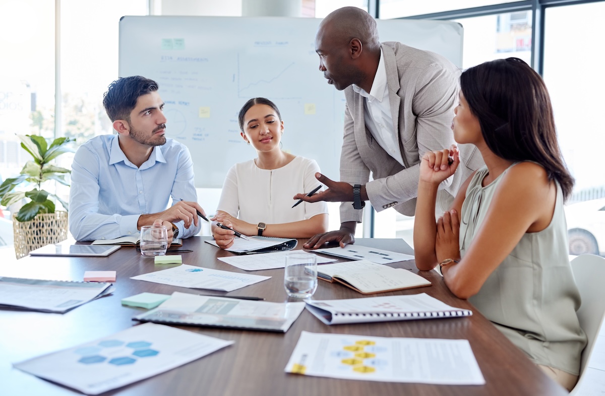 A group of business people in a board meeting